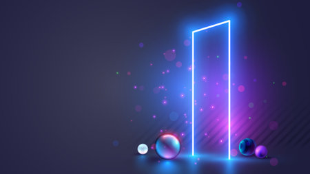 Future door in abstract digital cyberspace. Futuristic opened cyber door, portal in other worlds. Neon gate glowing in the dark. Doorway or door without walls. Time machine concept. technology bannerのイラスト素材
