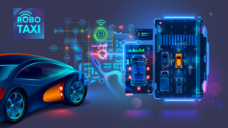 Autonomous vehicle car or taxi technology concept. Autonomous car futuristic interface with vehicle system information, map city, virtual dashboard. AI controls robotics automotive taxi of smart city.のイラスト素材