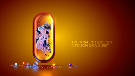 AI robot inside glass capsule of medicine. Artificial intelligence or AI in image of female robot in position of an embryo in pill. Artificial intelligence technology. Artificial neural network.のイラスト素材