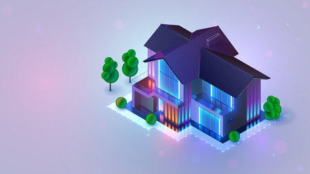 Smart home. Isometric modern two-storey private residential building with garage in evening with neon lights. Home with garage 3d isometric vector illustration. Living modern private building.のイラスト素材