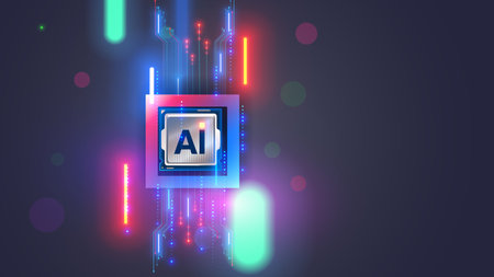 AI chip wallpaper. Electronic chip or CPU with core AI in neon light with pcb lines. Processor with...