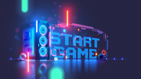 Gaming computer on the table with the description the start game in cyberspace. Desktop Gaming...