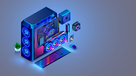 Gaming computer assembly isometric concept. Computer parts. CPU, GPU, motherboard, system case, RAM memory, coolers. Custom assembly pc desktop computer. PC upgrade, assembly or repair service.のイラスト素材