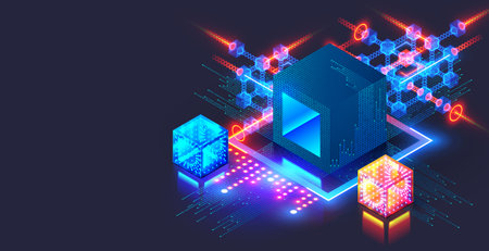 Blockchain concept banner. Isometric digital blocks connection with each other and shapes crypto chain. Blocks or cubes, connection consists of digits. Abstract technology background. Vector illustrationのイラスト素材