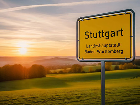 Scenic German Landscape with Stuttgart Sign at Duskの素材
