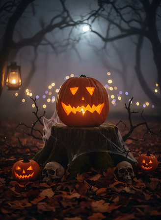 Spooky Halloween Forest Scene with Glowing Pumpkinsの素材