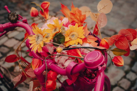 Bicycle Handlebar with Seasonal Floral Arrangementの写真素材