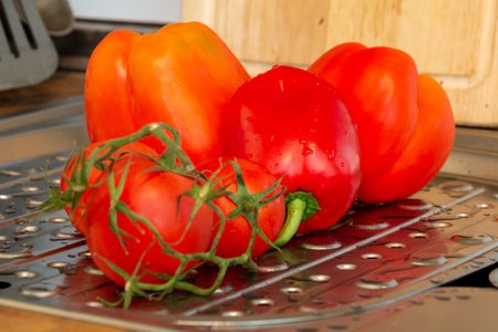 Fresh Bell Peppers and Tomatoes on Metal Surface with Water Droplets