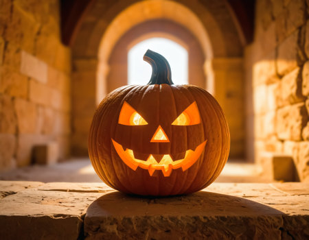 Carved Halloween jack o lantern pumpkin glowing in stone archway corridorの素材
