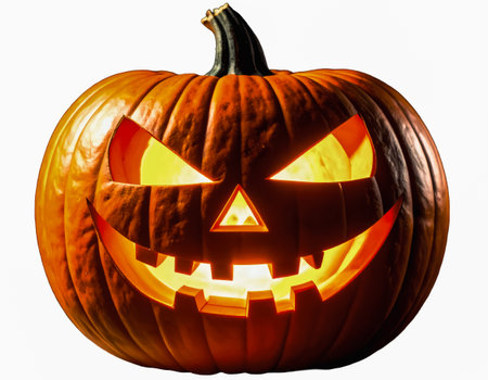 Traditional carved Halloween jack o lantern pumpkin glowing with jagged teethの素材
