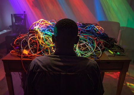 Person facing chaotic tangle of wires and electronics under dramatic lightの素材
