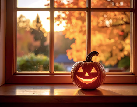 Toothy Jack-o-Lantern on Windowsill with Autumn Sunlightの素材
