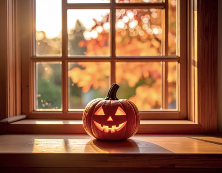 Toothy Jack-o-Lantern on Windowsill with Autumn Glowの素材