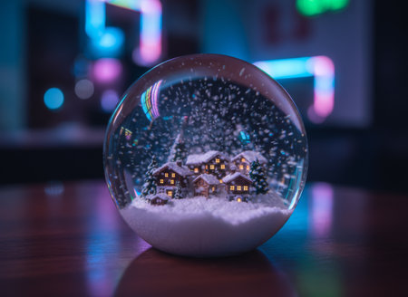 Snow Globe with Lit Winter Village on Wooden Surfaceの素材