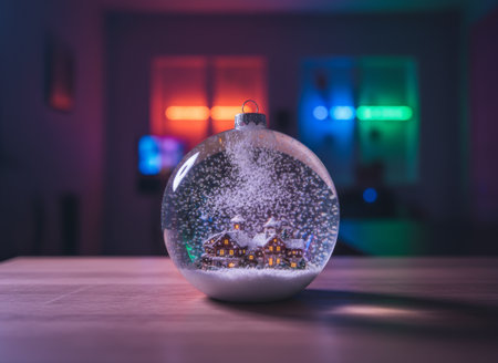 Snow Globe with Illuminated Village and Colorful Ambient Lightsの素材