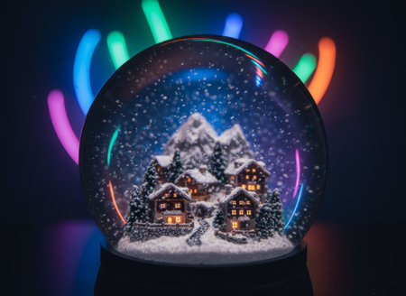 Snow Globe with Mountain Village and Neon Light Streaksの素材