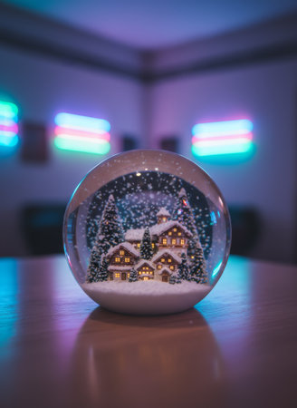 Snow Globe with Cozy House and Neon Room Ambienceの素材