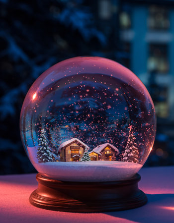 Snow Globe with Wooden Cabins and Blurred Outdoor Backgroundの素材