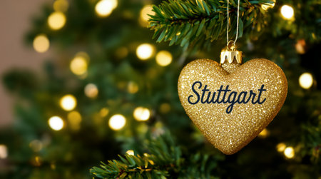 Golden Heart Ornament on Christmas Tree with Stuttgart Inscriptionの素材