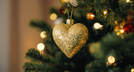 Gold Heart Ornament Reflecting Warm Christmas Lightsの素材