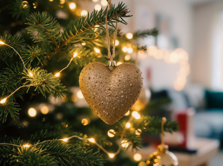 Golden Heart Ornament on Christmas Tree in Cozy Living Roomの素材