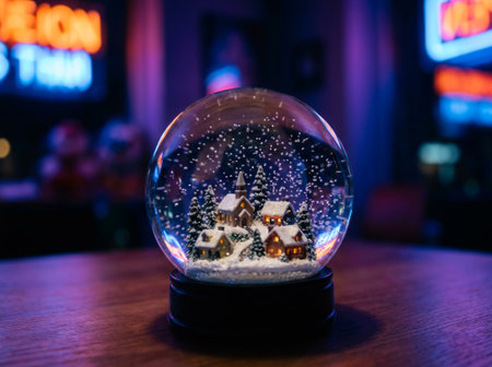 Snow Globe with Lit Village and Neon Glowの素材
