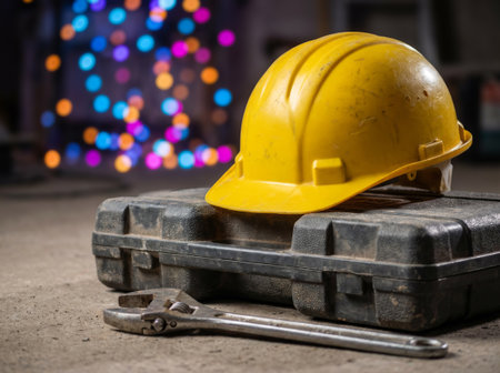 Toolbox Still Life with Safety Gear and Festive Glowの素材