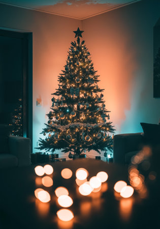 Christmas Tree in Dimly Lit Room with Bokeh Lightsの素材