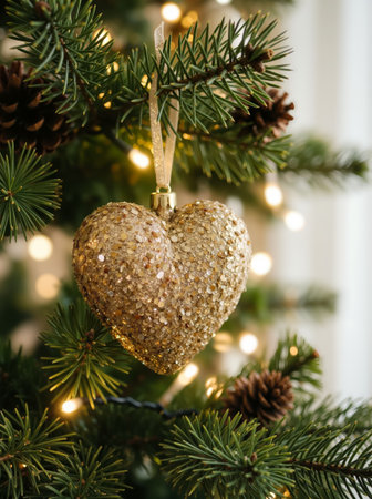 Golden Heart Ornament and Pinecones on Christmas Treeの素材