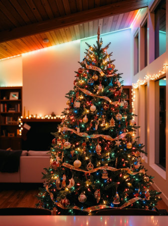 Cozy Living Room with Christmas Tree and Multicolored Lightsの素材
