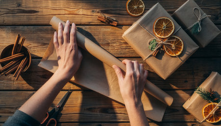 Rustic Holiday Gift Wrapping with Kraft Paper, Citrus and Twineの素材