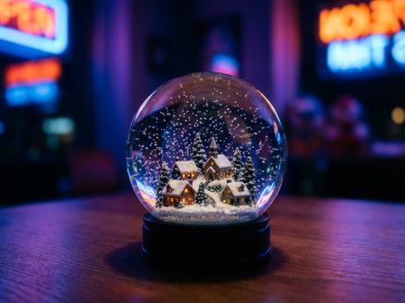 Snow Globe with Winter Village in Neon Interiorの素材