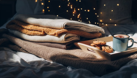 Tray with Hot Beverage and Cookies Beside Folded Textiles in Warm Bedroom Settingの素材