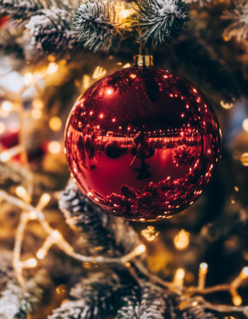 Red Ornament Ball on Frosted Christmas Tree with Warm String Lights and Reflective Surfaceの素材