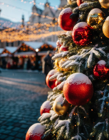 Snowy Tree and Lit Stalls in Outdoor Holiday Market with Cobblestone and Lightsの素材