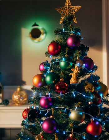 Indoor Tree with Star Topper, Angel Ornament, and Multicolored Holiday Decorationsの素材