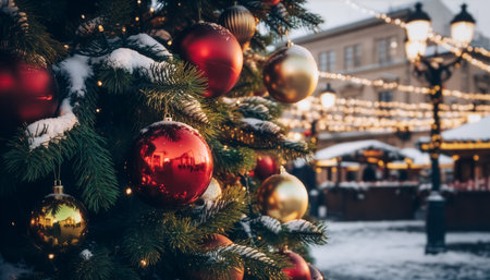 Snowy Tree and Warm Lights in Outdoor Holiday Scene with Historic Architectureの素材