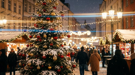 Christmas Market with Snowy Tree and Festive Lights in European Town Squareの素材
