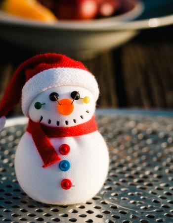 Snowman with Santa Hat and Colorful Buttons on Metal Surface with Blurred Festive Backgroundの素材