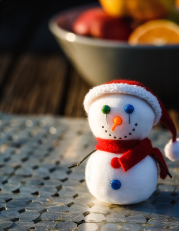 Snowman Figurine with Santa Hat, Red Scarf and Buttons on Textured Surface with Fruit Bowl Behindの素材