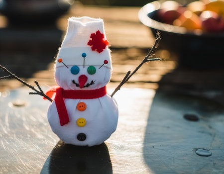Handmade Snowman with Red Scarf, Buttons and Stick Arms on Wooden Surface with Fruit Bowlの素材
