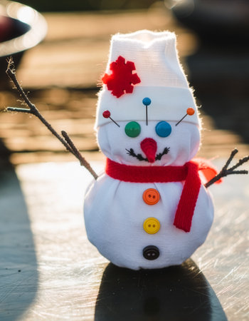 Handmade Snowman with Red Scarf, Buttons and Twigs on Reflective Surface in Sunlightの素材