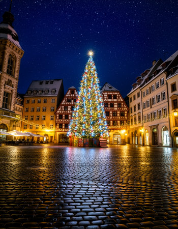 Christmas Tree with Star Topper in Historic Plaza Surrounded by Lit Buildings and Starry Skyの素材