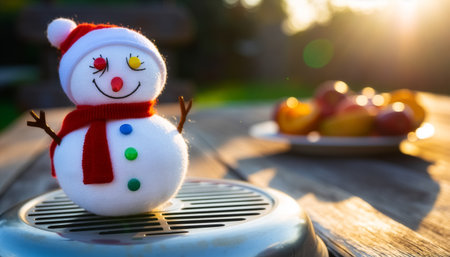 Festive Snowman with Red Hat and Scarf on Circular Base Outdoors with Apples in Sunlightの素材