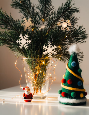 Glass Vase with Pine Branches, Felt Tree and Santa Figurine on White Surface with Warm Lightsの素材