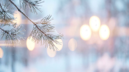Snowy Pine Branch with Warm Bokeh Lights in Backgroundの素材