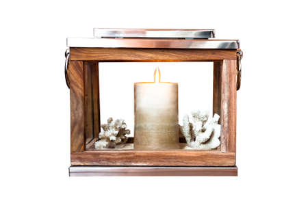 Nautical antique wooden lantern with metal cover and candle insideの写真素材