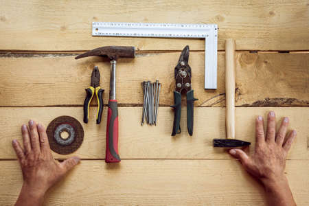 Workshop tools on wooden backgroundの写真素材