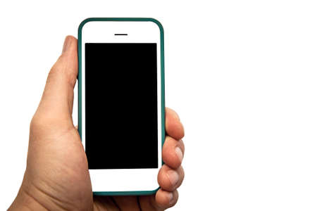 smart phone in hand with blank black screen isolated on white backgroundの写真素材
