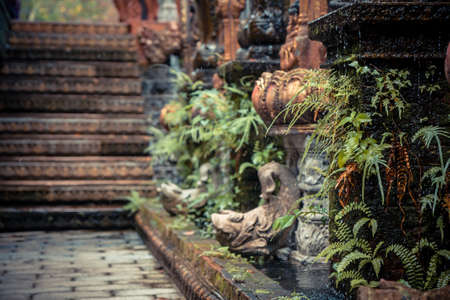 Ancient Asian style garden alley with old column overgrown with tropical plants and blurred backgroundの写真素材